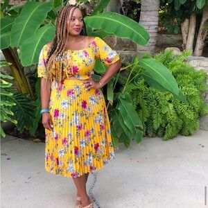 SHEIN Plus Floral Print Tie Front Bardot Top And Pleated Skirt Set